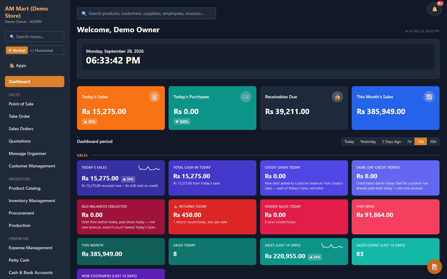 AM E-Suite dashboard showing today's sales, receivables, payroll and charts